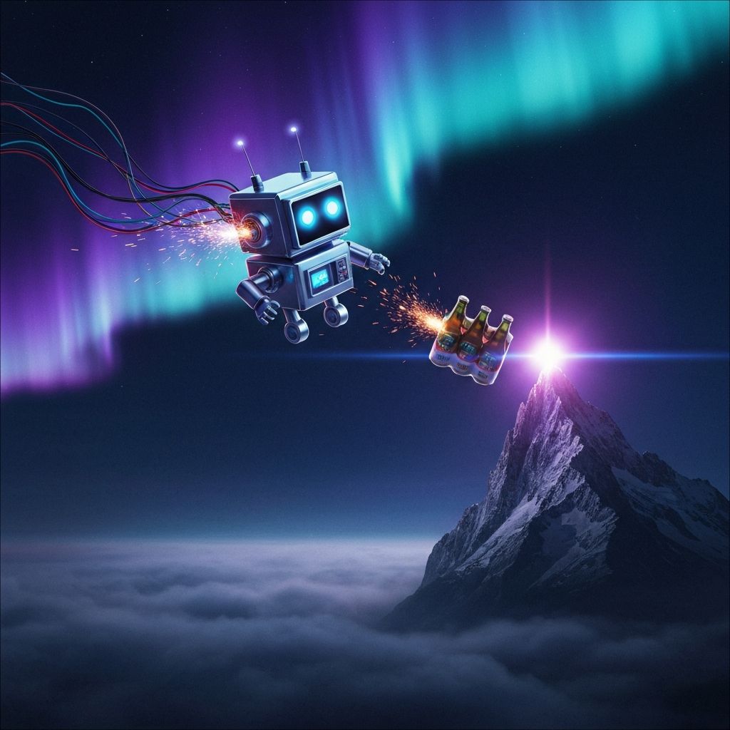 PartyBot5000 streaking down from a neon aurora sky toward a snow-capped mountain, sparks trailing, beer cans spinning away